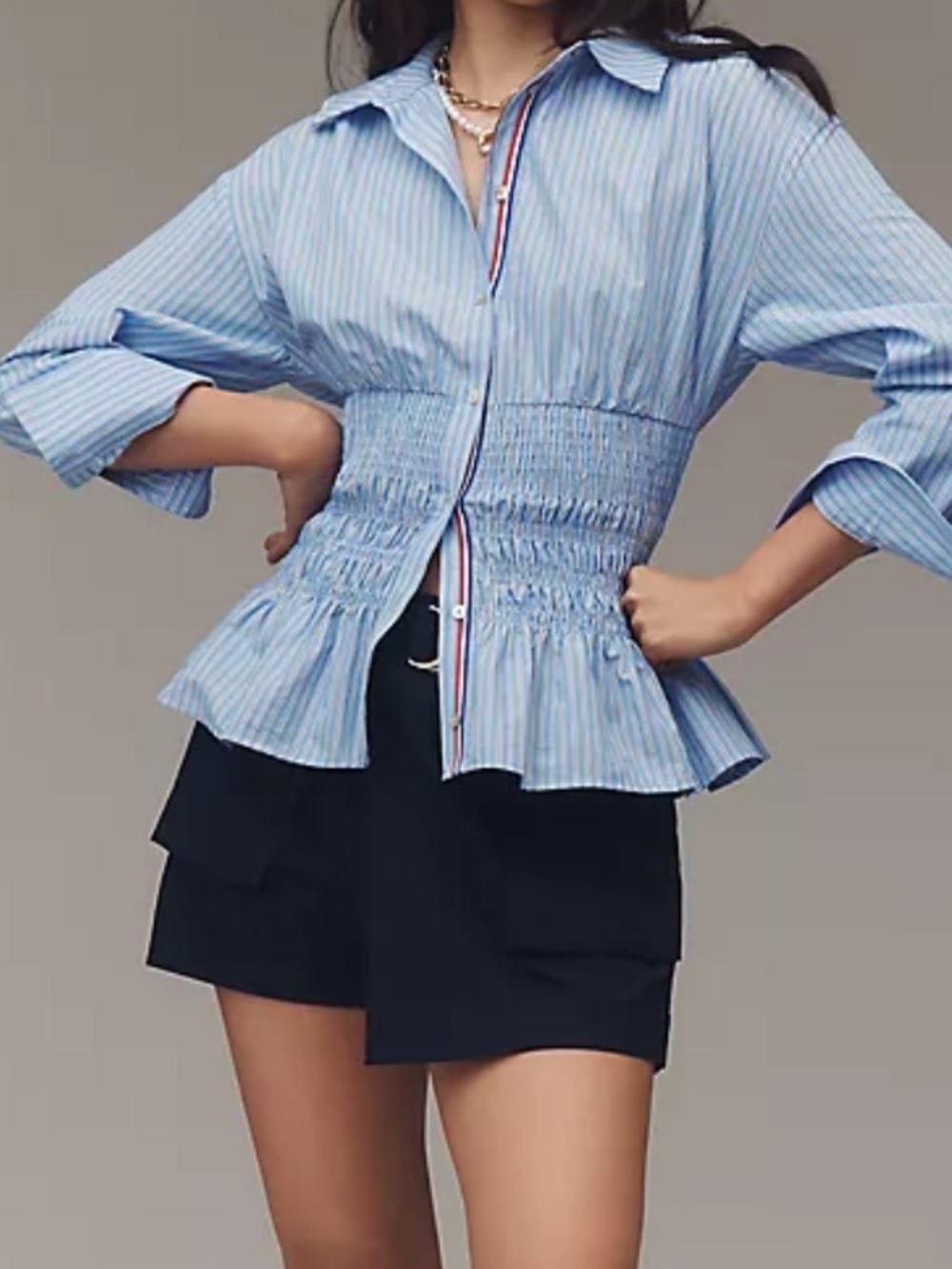 Anthropologie Maeve Ling Sleeve Smocked Waist Top Stripes Ribbon Detail Button M